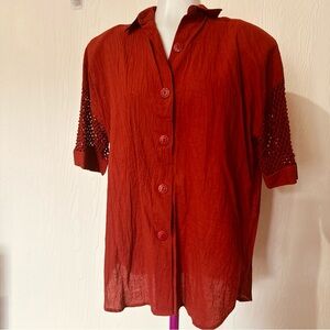 Vintage 90s Michele Leslie Burgandy Wine Top Size Medium Buttons Blouse Womens